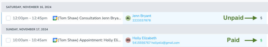 Payment status shown on Apptoto's Appointment dashboard as indicated by color of $ symbol.